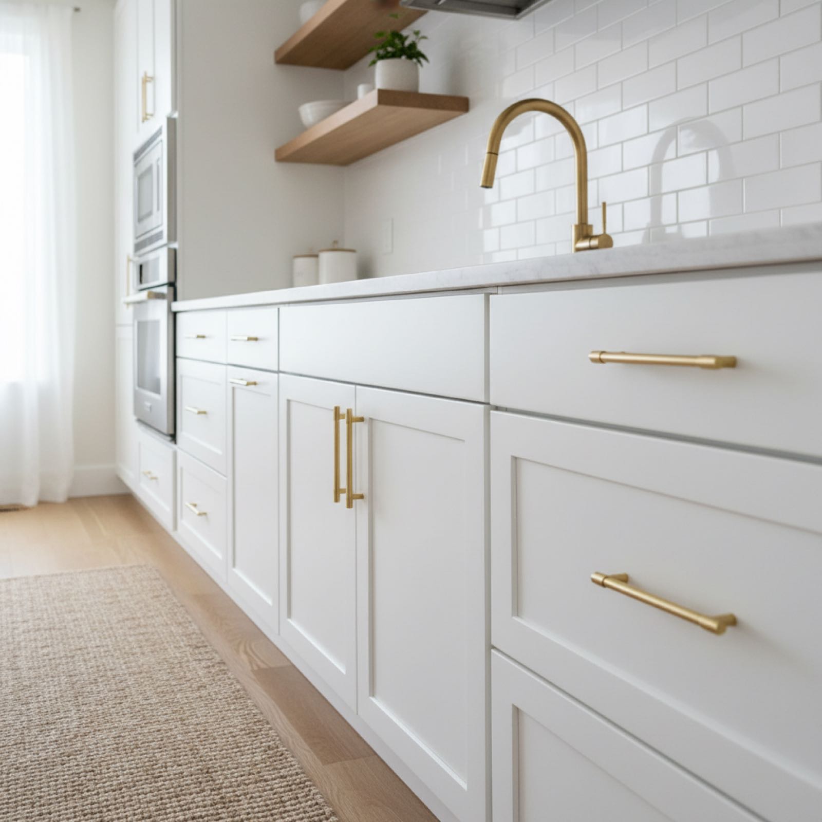 Refinished white kitchen cabinets with modern hardware
